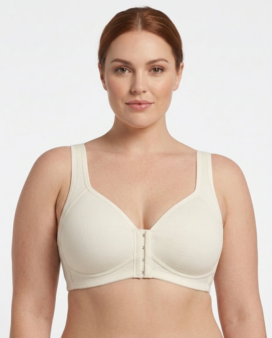 Celia Ribbed Front Hook Support Bra Ivory Front Close Detail