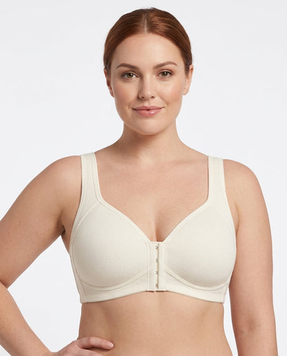 Celia Ribbed Front Hook Support Bra Ivory Model Front