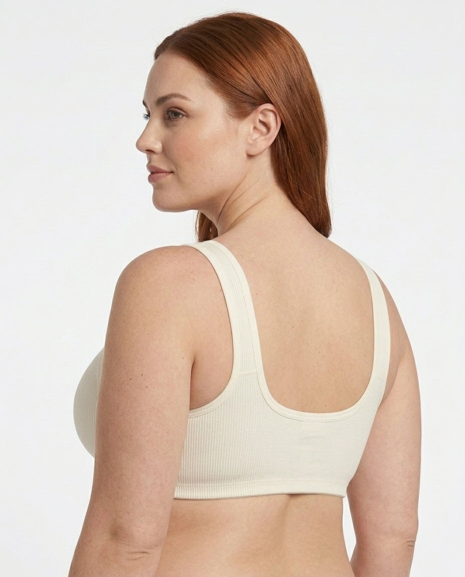 Celia Ribbed Front Hook Support Bra Ivory U Back Detail