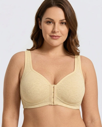 Celia Ribbed Front Hook Support Bra Nude Front Close Detail