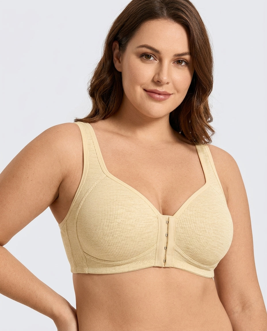 Celia Ribbed Front Hook Support Bra Nude Model Front