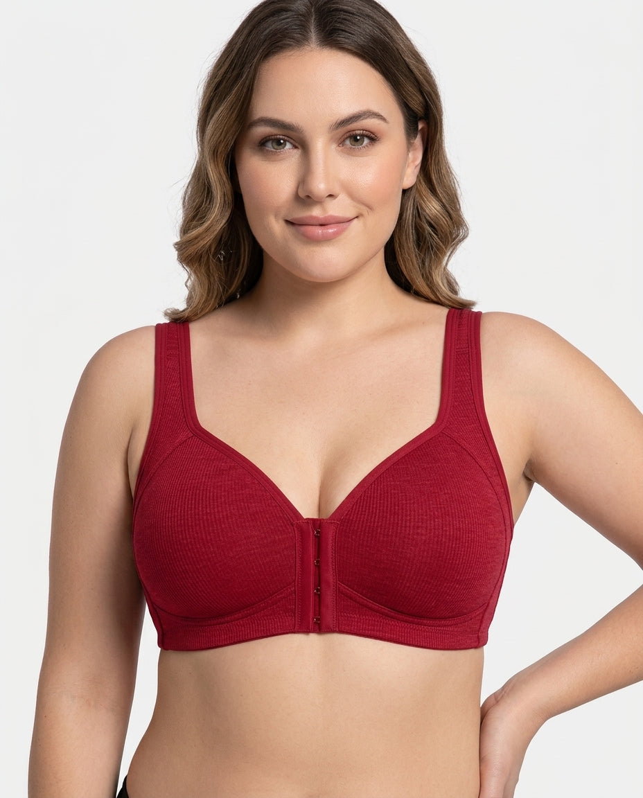 Celia Ribbed Front Hook Support Bra Red Model Front