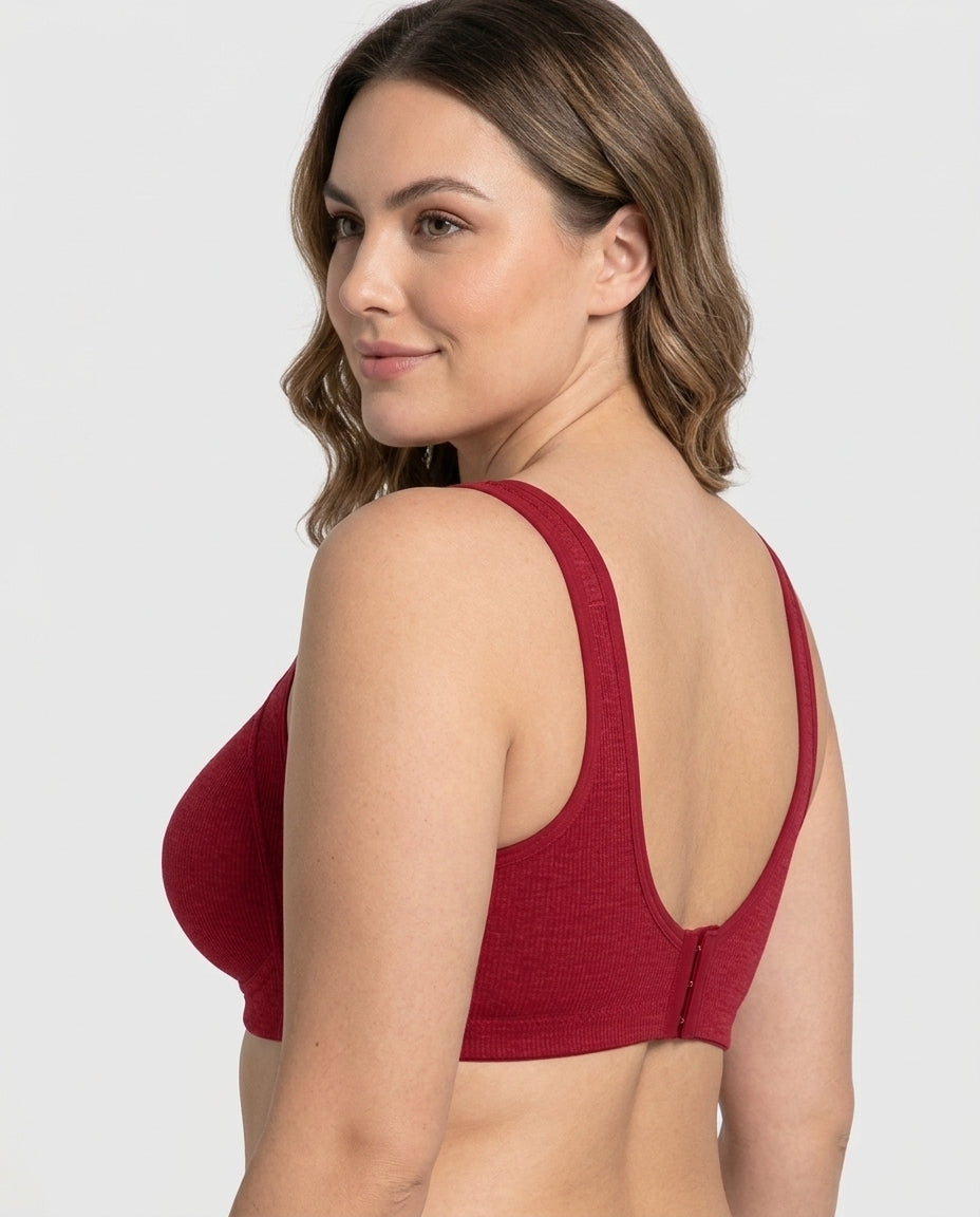 Celia Ribbed Front Hook Support Bra Red U Back Detail