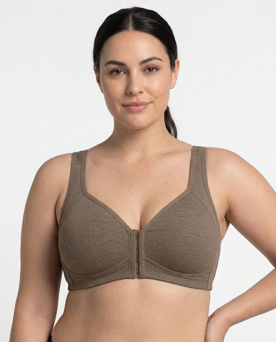 Celia Ribbed Front Hook Support Bra Taupe Front Close Detail