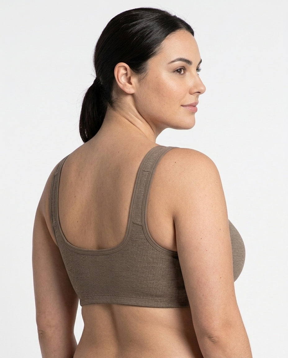 Celia Ribbed Front Hook Support Bra Taupe U Back Detail