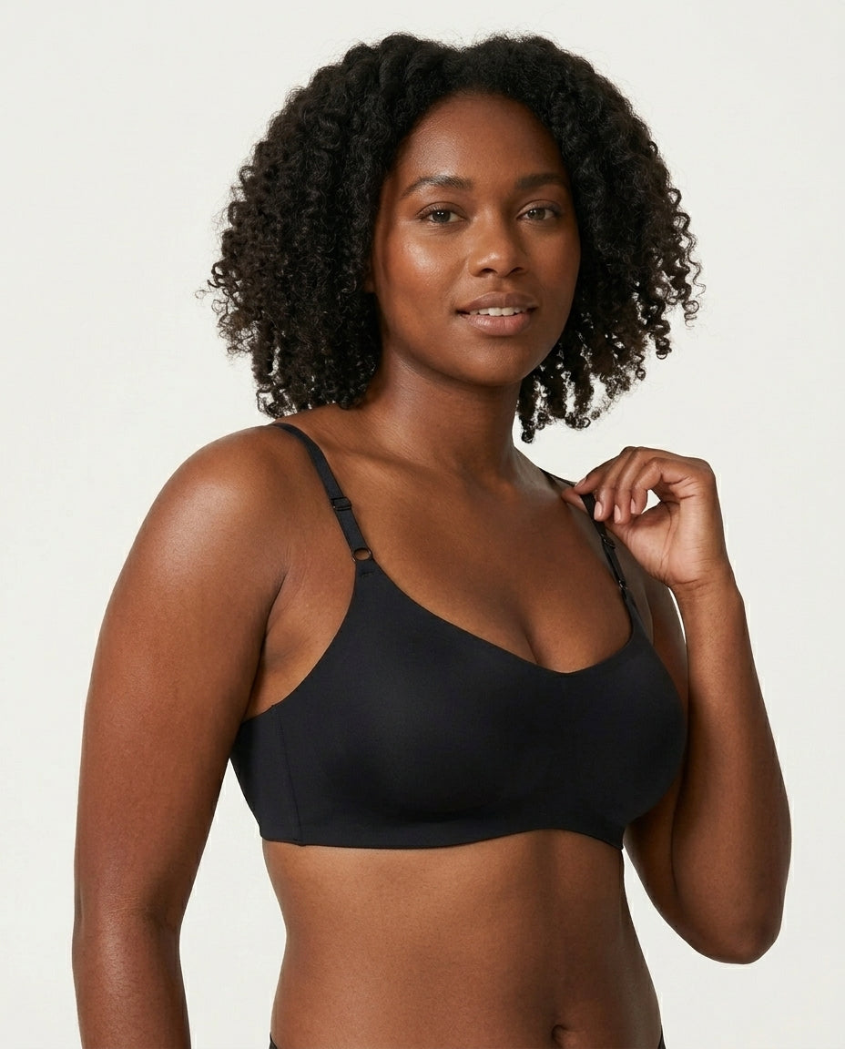Clara Smooth Scoop Wirefree Bra Black Side Strap Detail