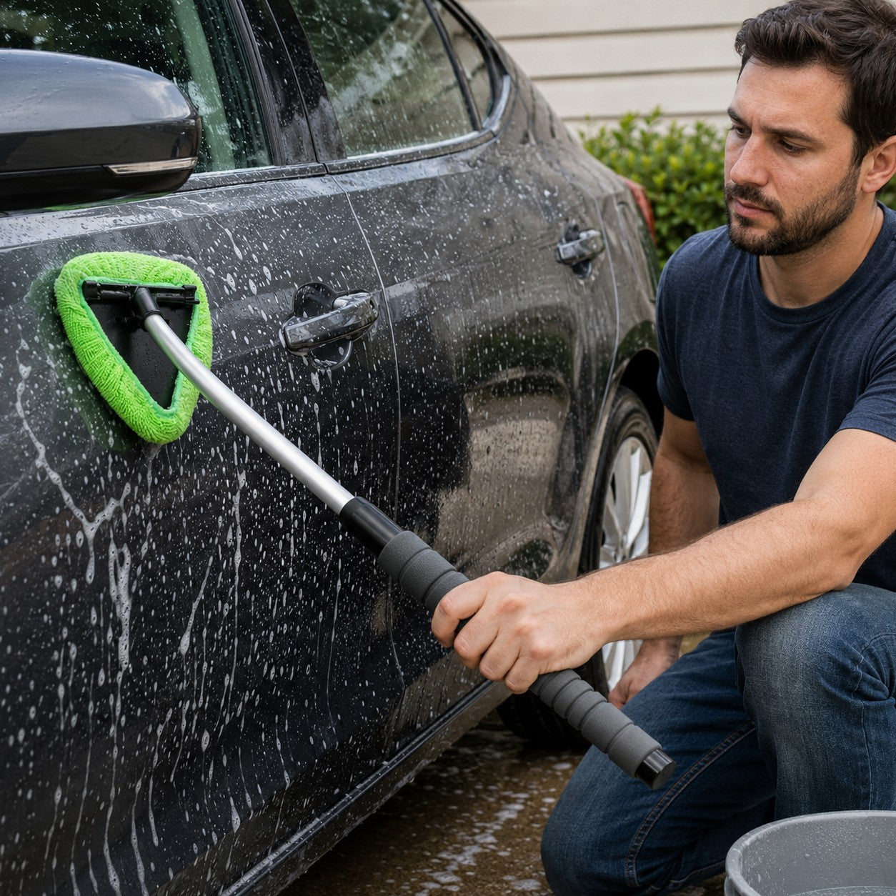 Washing the car body with the ClearReach telescopic brush