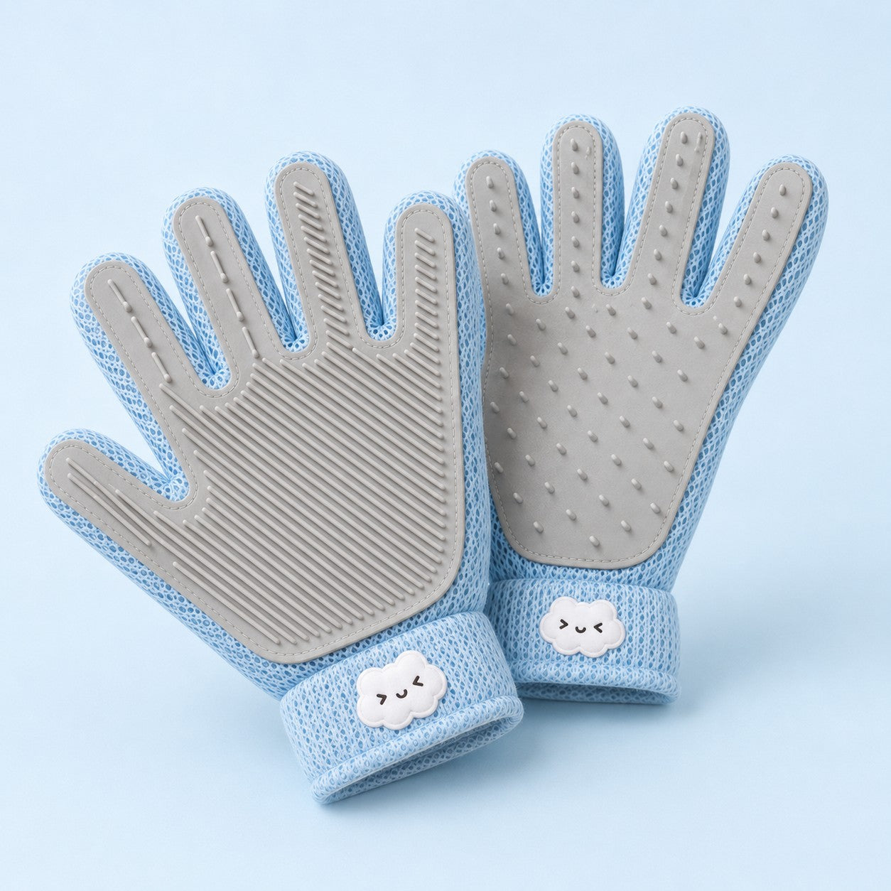 CloudPaw double-sided pet grooming gloves in blue and grey