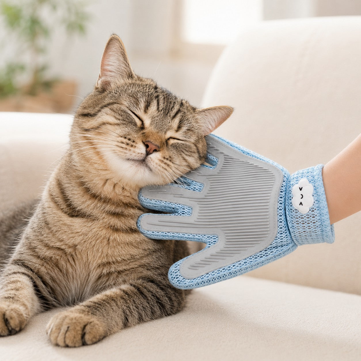 Grooming a happy tabby cat with the CloudPaw glove