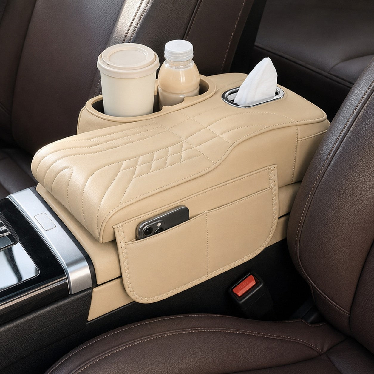 CloudRest 5-in-1 car armrest cushion and organizer in beige
