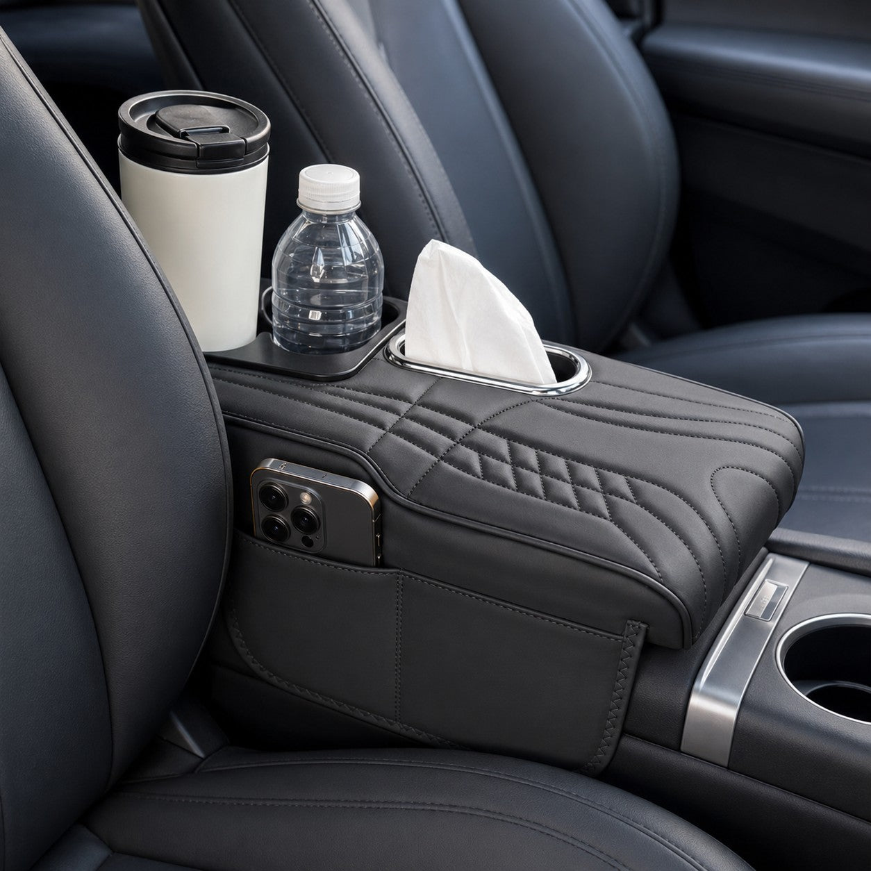 Black CloudRest armrest organizer fitted in a car console