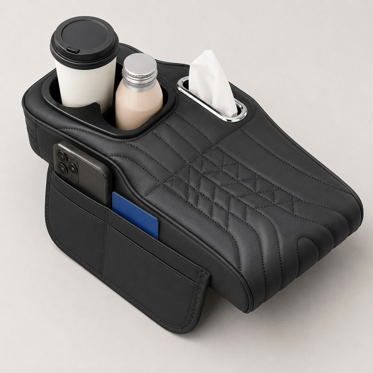 CloudRest organizer holding a coffee cup, bottle, tissues and phone