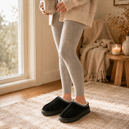 Black slippers worn lifestyle