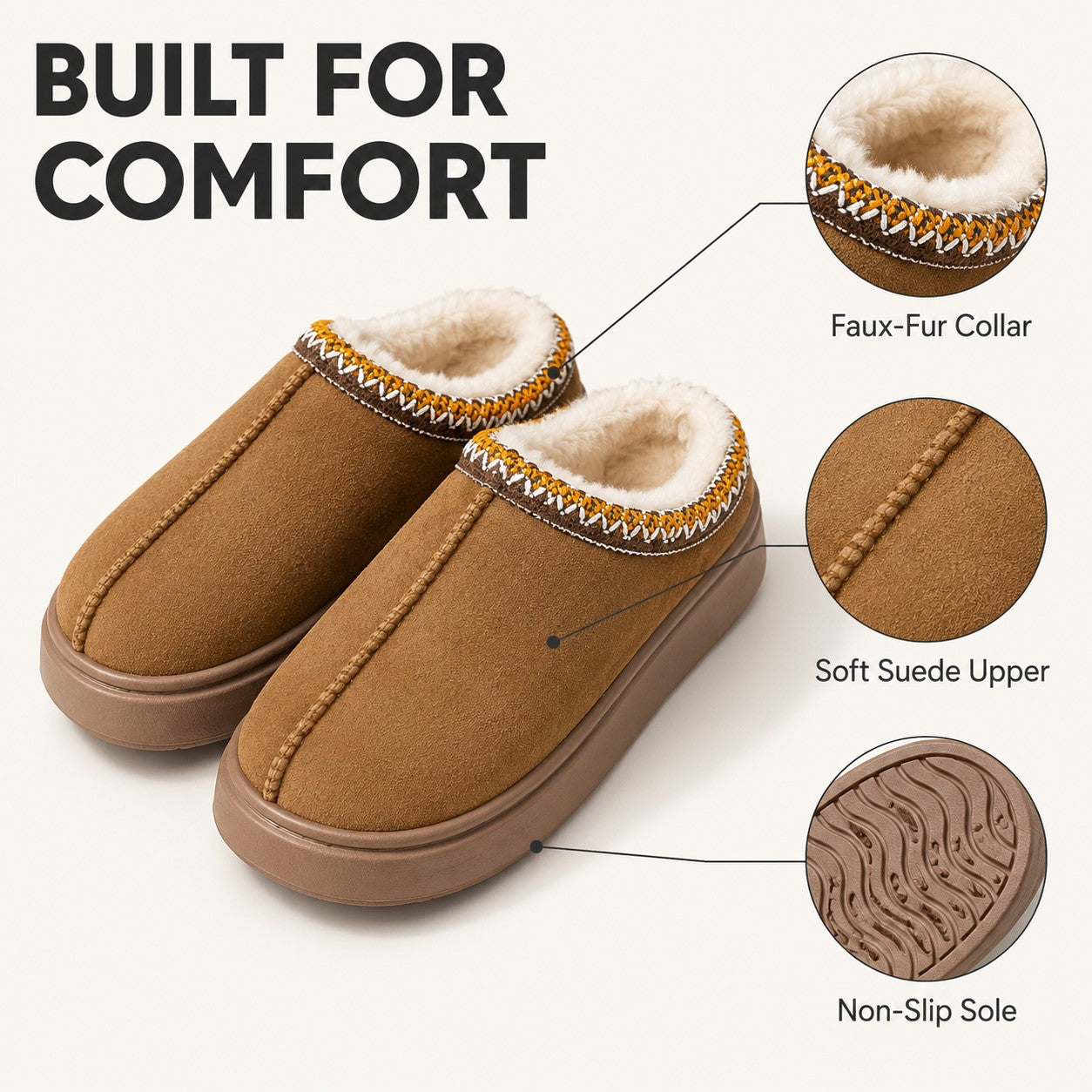 Built for comfort: faux-fur collar, soft suede upper, non-slip sole