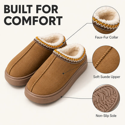 Built for comfort: faux-fur collar, soft suede upper, non-slip sole
