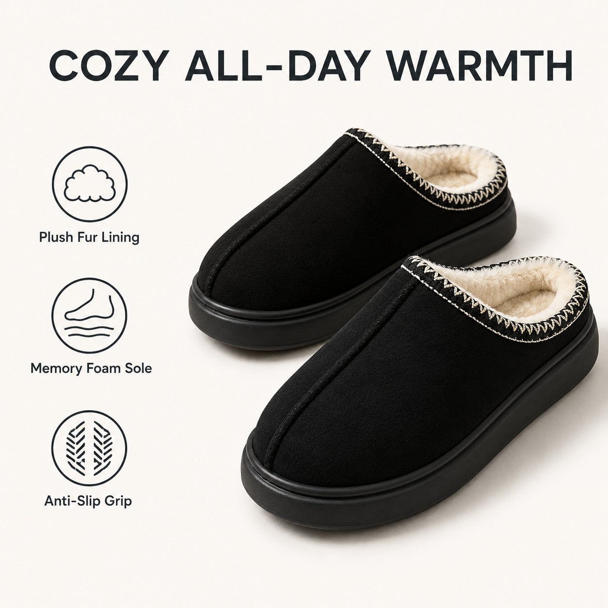 Cozy all-day warmth: plush lining, memory foam sole, anti-slip grip