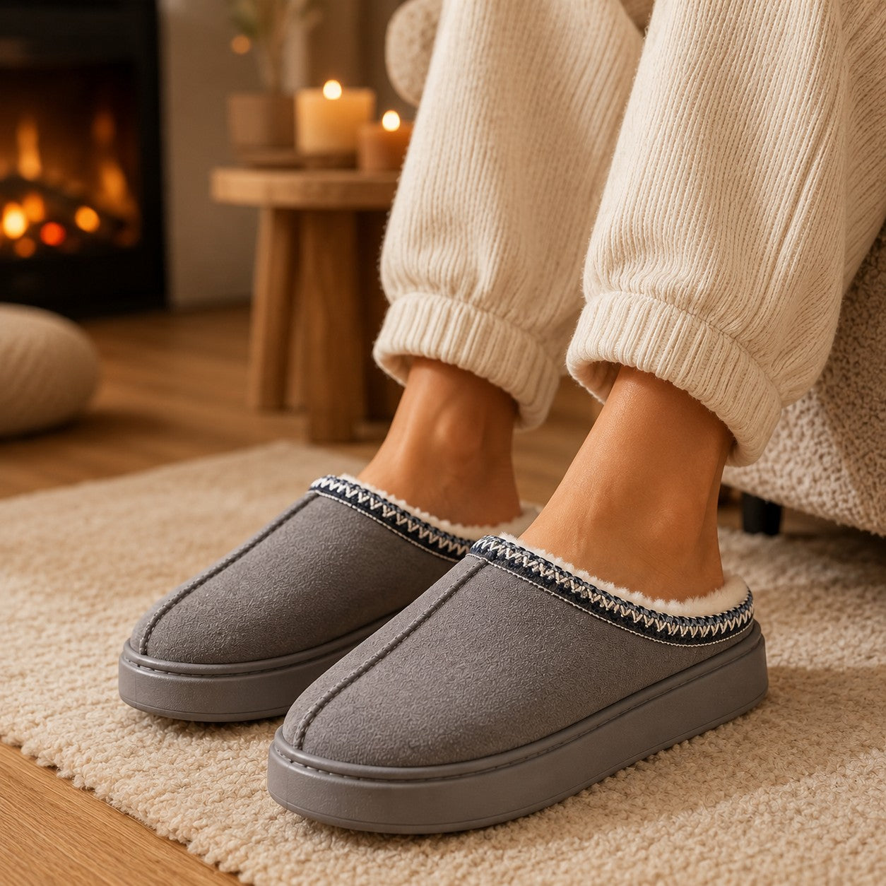 Grey memory foam suede slippers
