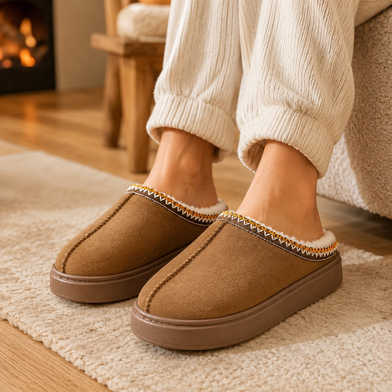 Khaki memory foam suede slippers