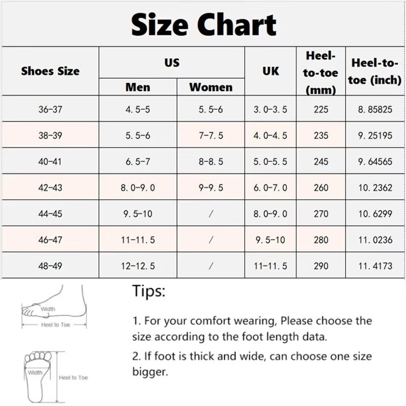 Slipper size chart, men and women