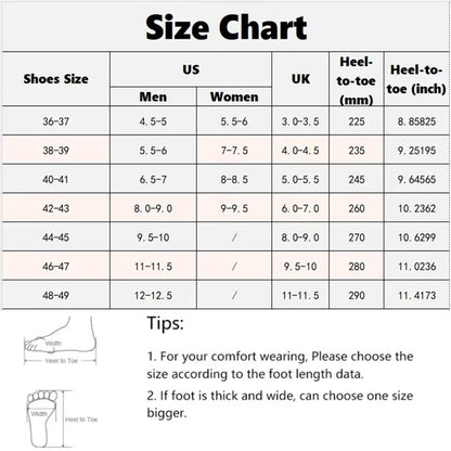 Slipper size chart, men and women