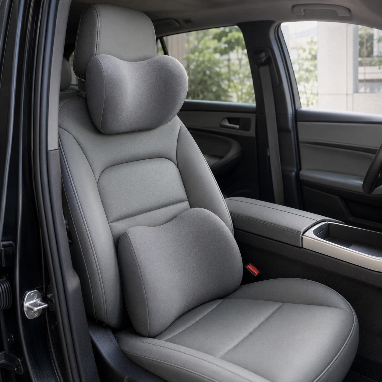 ComfyRide neck and lumbar cushions fitted on a car seat