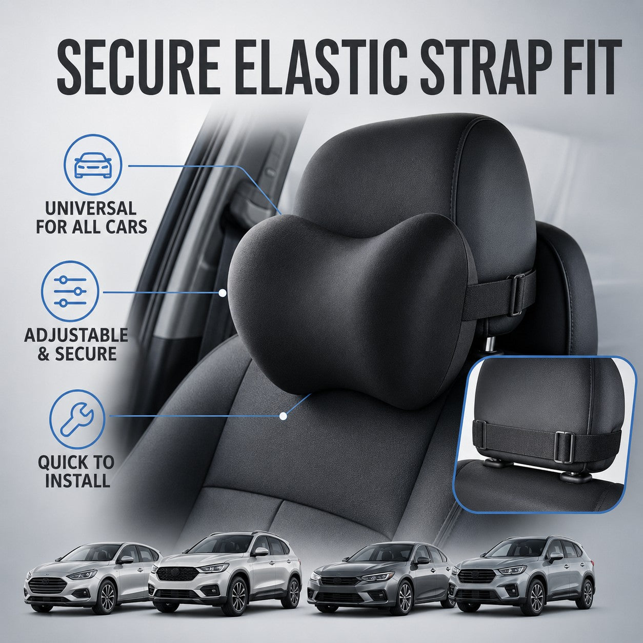 Secure elastic strap fit - universal, adjustable and quick to install