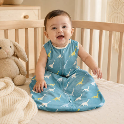 Baby wearing dinosaur sleep sack