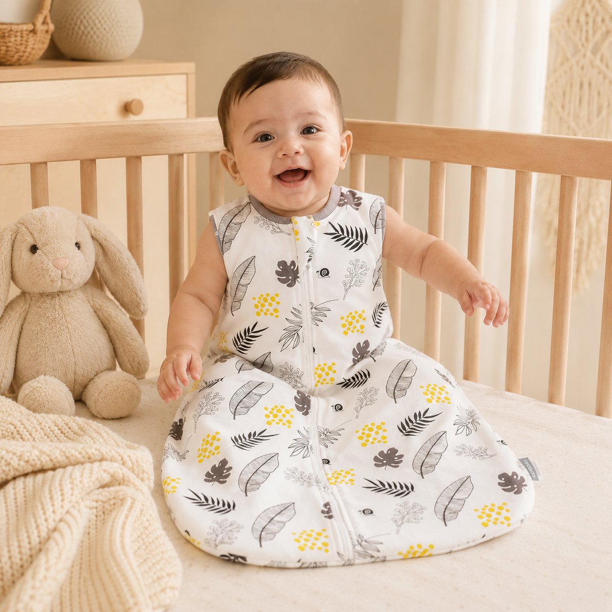 Baby wearing leaves sleep sack