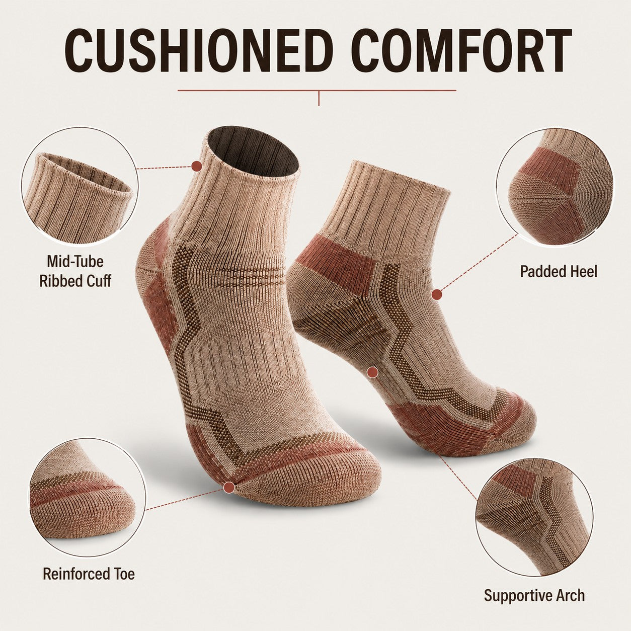 Cushioned comfort, padded heel, reinforced toe, supportive arch