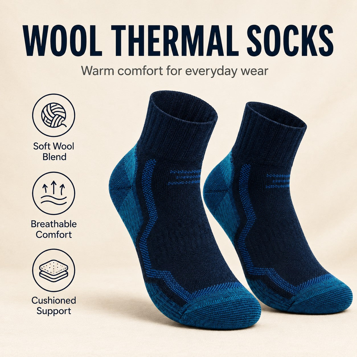 Soft wool thermal socks, warm comfort for everyday wear