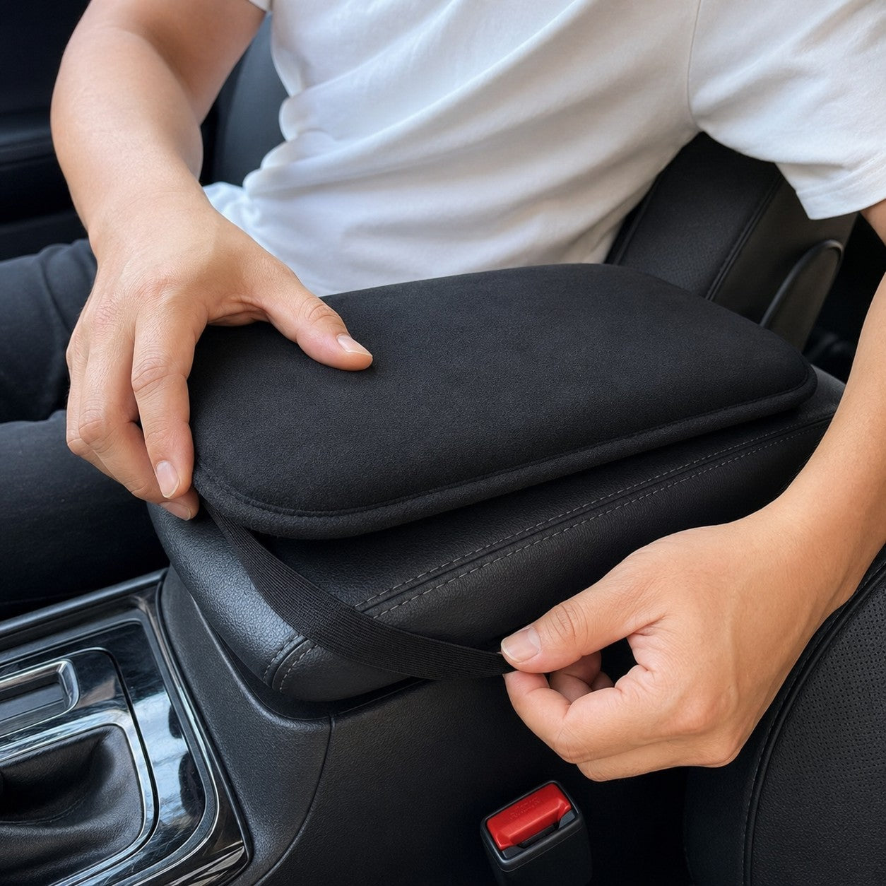 Fitting the CushDrive pad over a car console in seconds