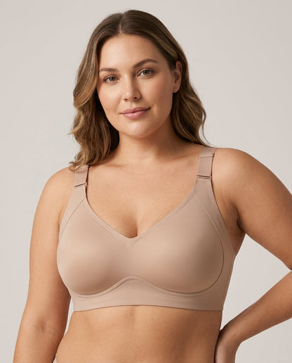 Dalia Plus Size Wirefree Support Bra Beige Nude Hero Front Model