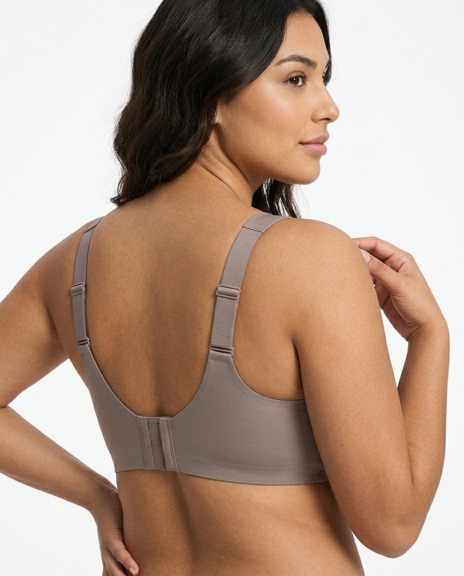 Dalia Plus Size Wirefree Support Bra Taupe Gray Back Hook Closure Strap Detail