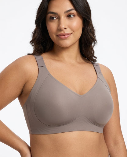 Dalia Plus Size Wirefree Support Bra Taupe Gray Hero Front Model
