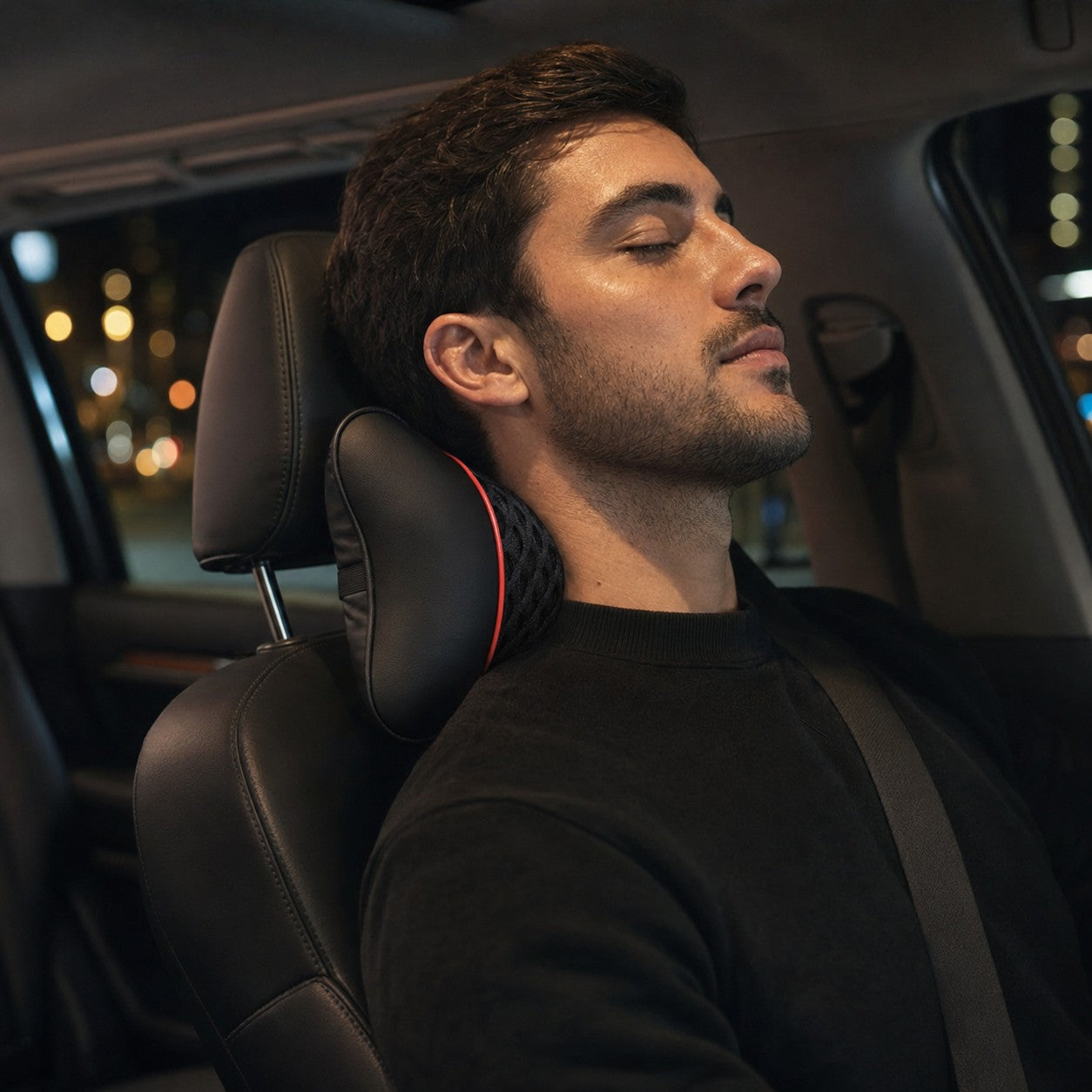 Passenger resting against the DriveRest car neck pillow