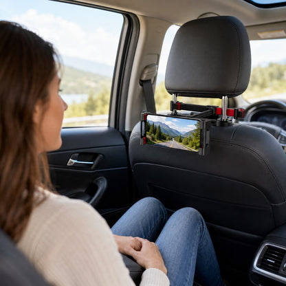 Back seat passenger watching a tablet on the DriveView holder