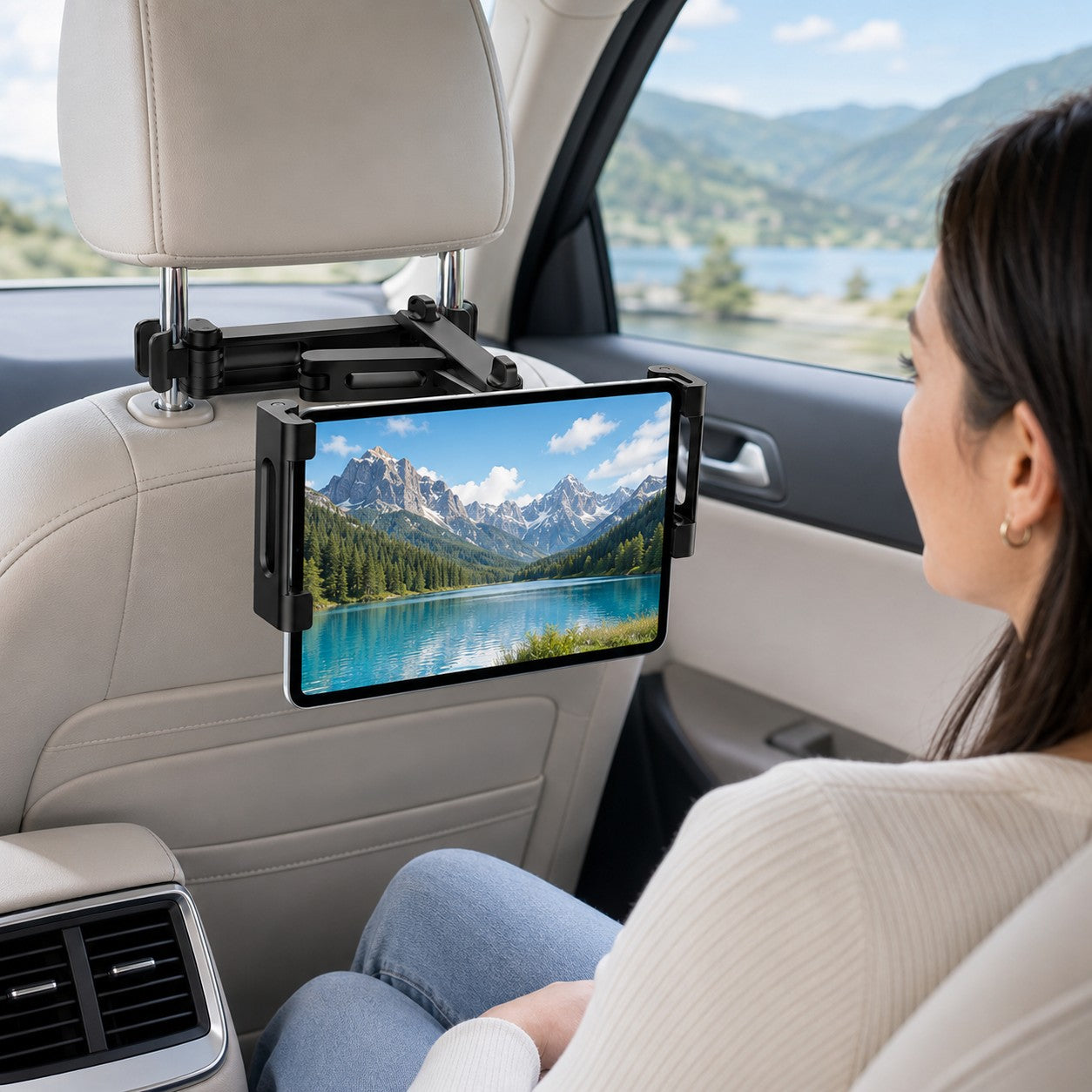Woman watching a tablet mounted on the black DriveView holder
