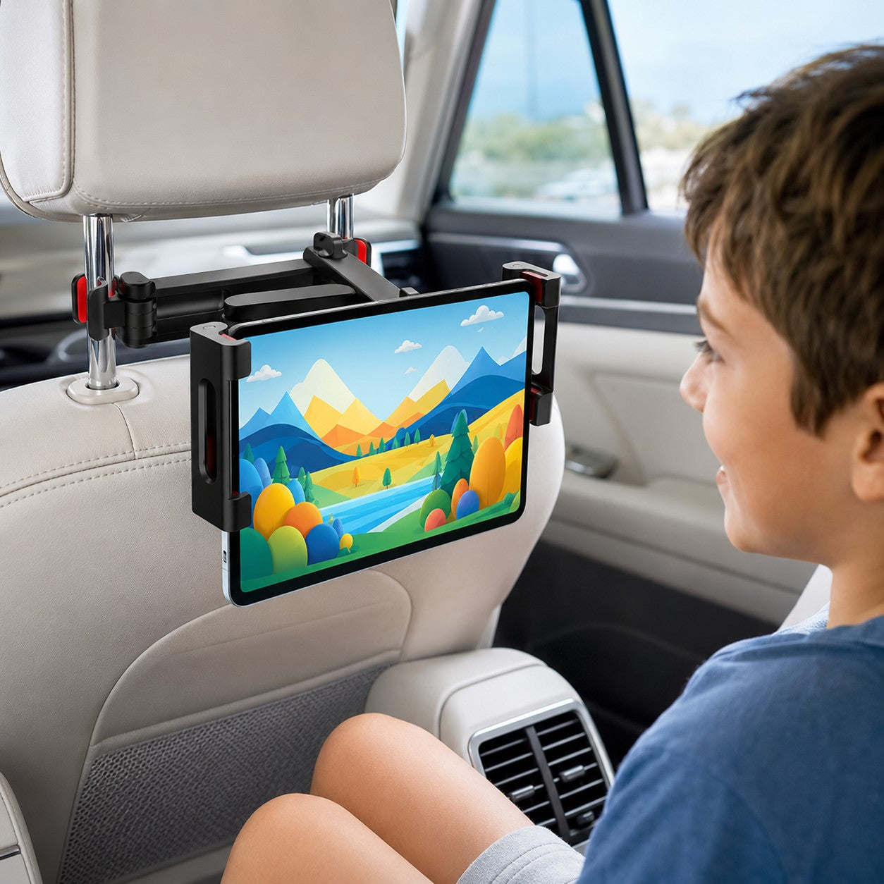 Child watching a tablet mounted on the car headrest