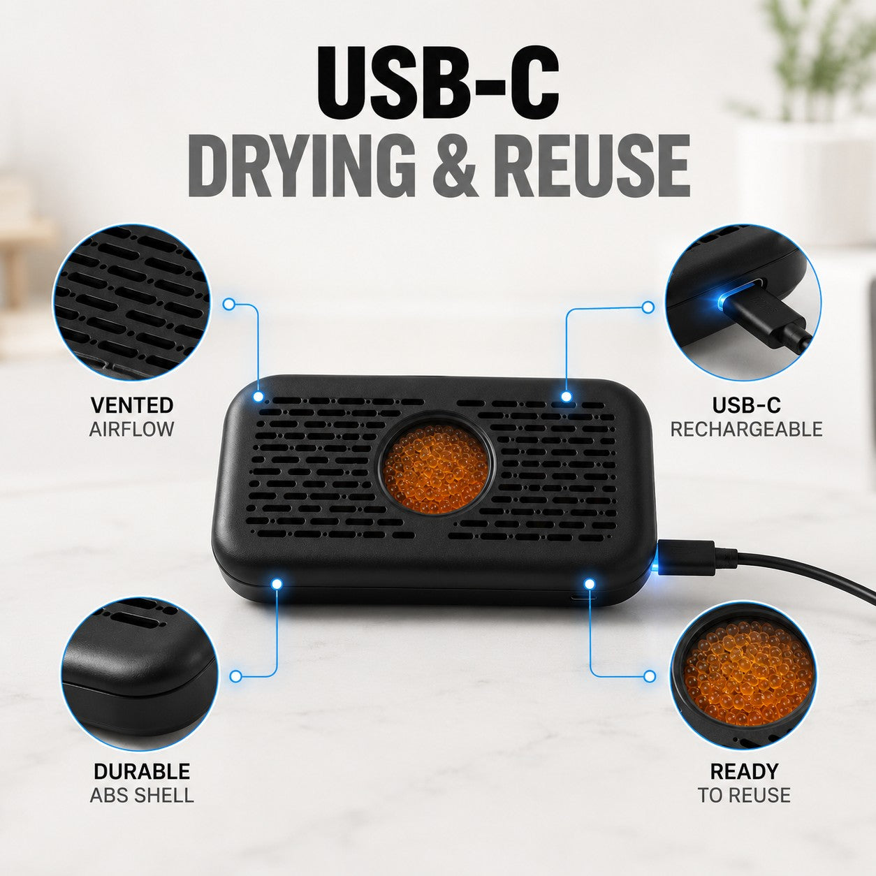 USB-C drying and reuse, vented airflow, durable shell
