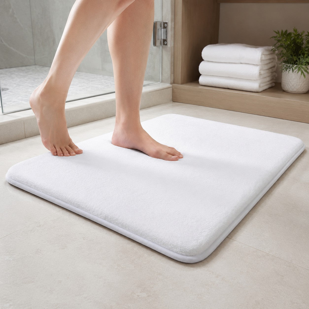 Stepping onto the white DrySoft bath mat