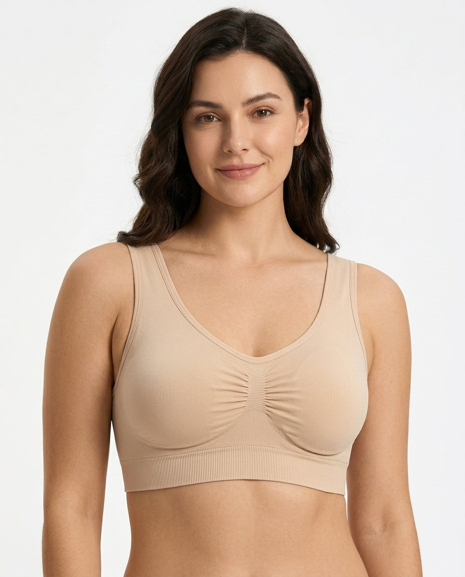 Eleni Ruched Wirefree Bralette Nude Model Front