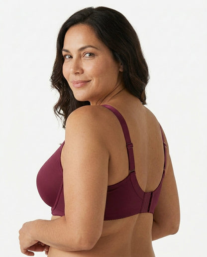 Elia Large Bust Full Coverage Support Bra Burgundy Wine Back Hook Closure Strap Detail