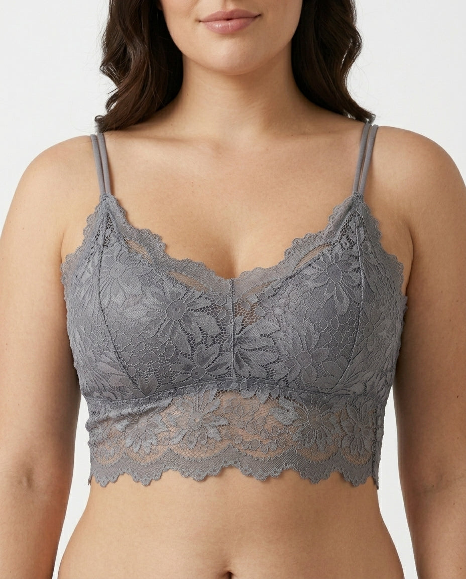 Elodie Floral Lace Longline Bralette Gray Front Close Product Detail
