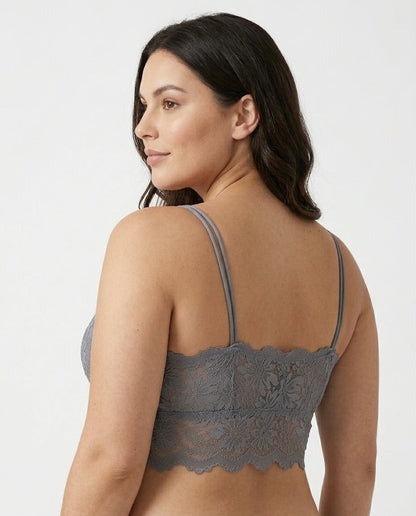 Elodie Floral Lace Longline Bralette Gray Side Back Lace Panel Strap Detail
