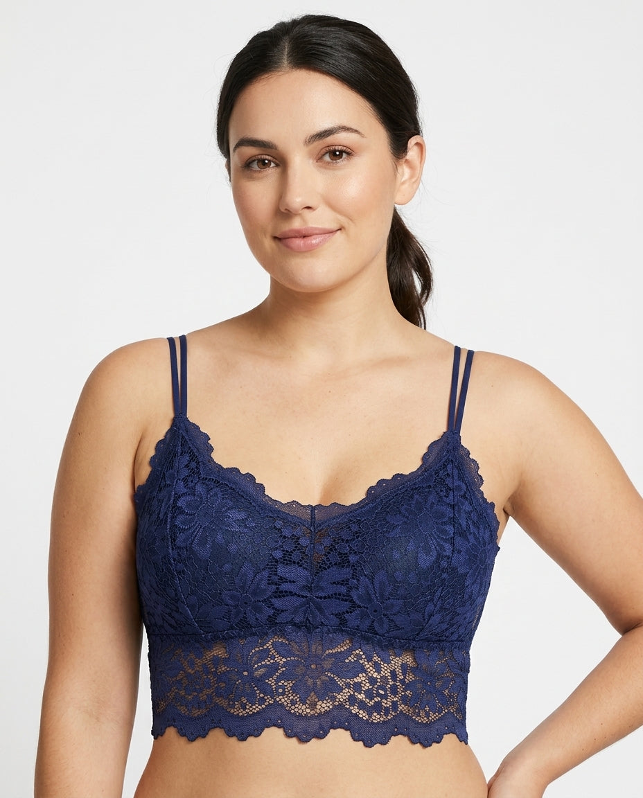Elodie Floral Lace Longline Bralette Navy Blue Hero Front New Zealand model