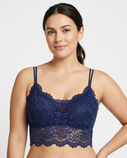 Elodie Floral Lace Longline Bralette Navy Blue Hero Front New Zealand model