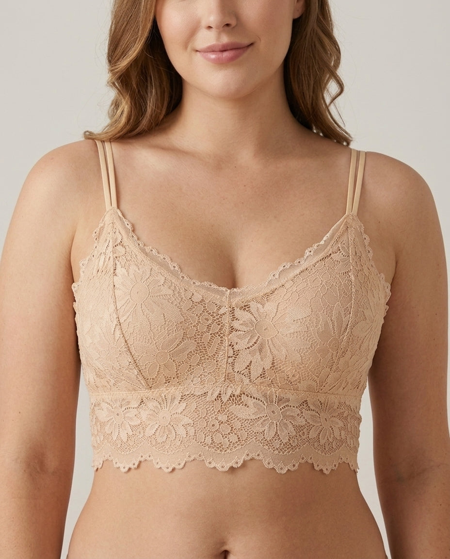 Elodie Floral Lace Longline Bralette Nude Beige Front Close Product Detail
