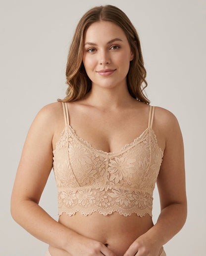 Elodie Floral Lace Longline Bralette Nude Beige Hero Front New Zealand model