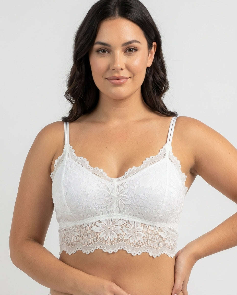 Elodie Floral Lace Longline Bralette White Hero Front New Zealand model