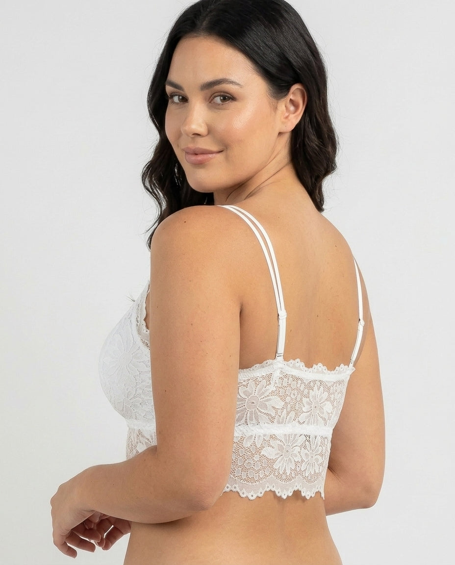Elodie Floral Lace Longline Bralette White Side Back Lace Panel Strap Detail